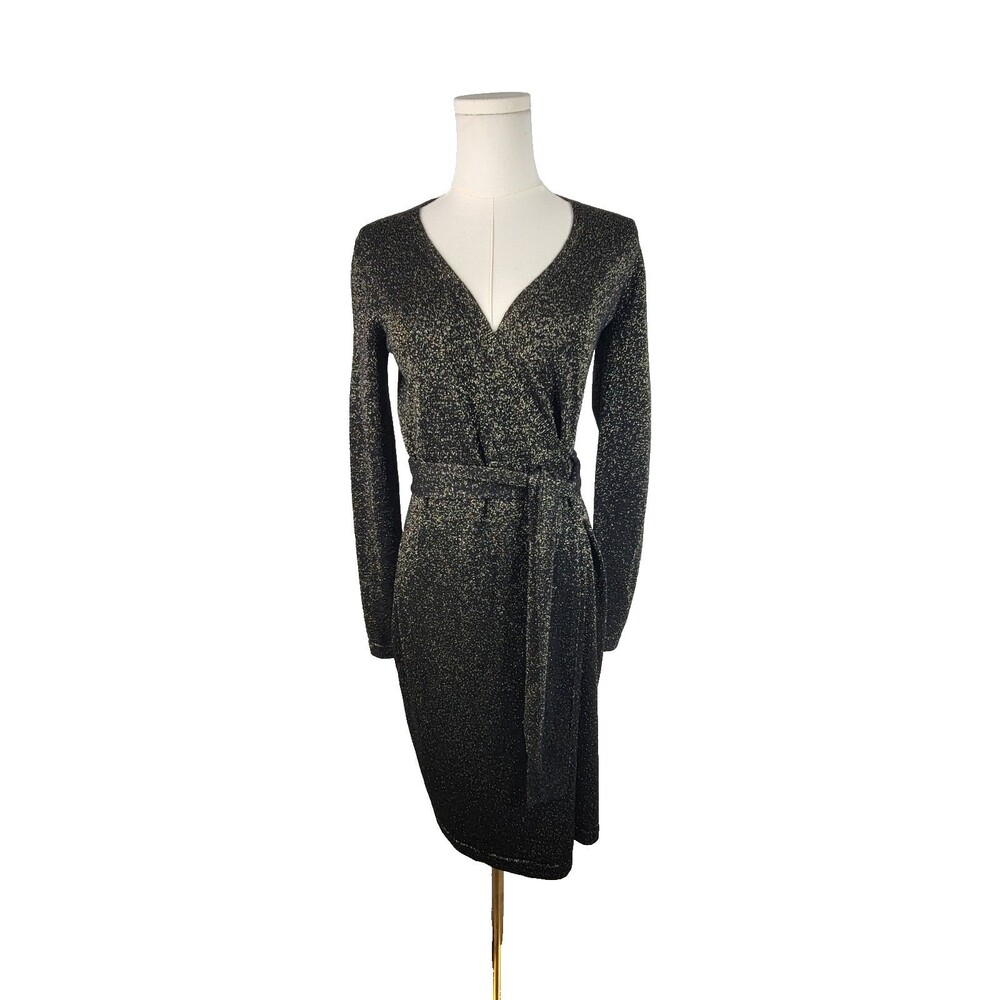 Diane Von Furstenberg Black & Gold Lurex Wool Evelyn Wrap Dress Size P